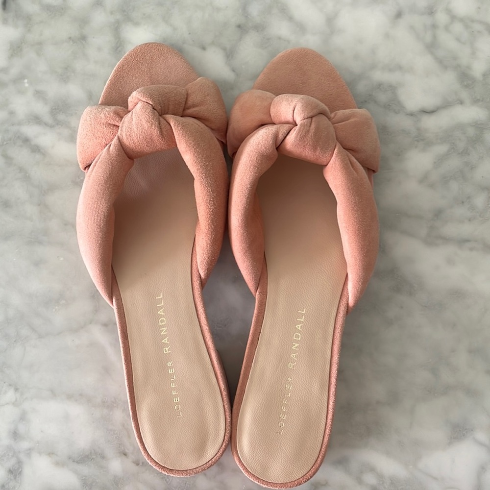 Loeffler Randall Elsie Knotted Slide Sandal Blush Pink Suede Block Heel Mule 6.5